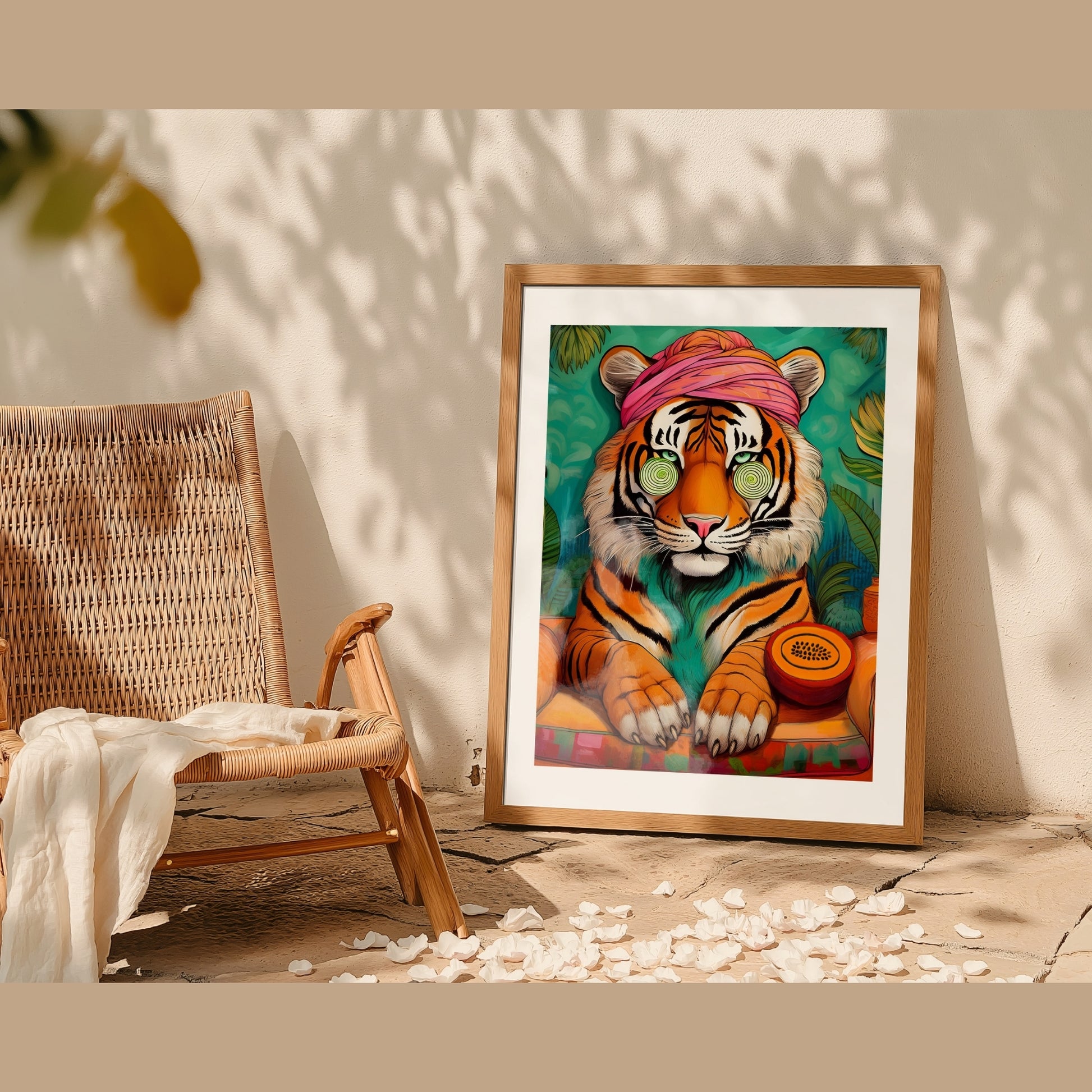 Digital print of a relaxed tiger wearing a pink turban, resting near a papaya. Surreal, colorful animal illustration blending wellness and humor. Ideal for yoga corners, bathrooms, meditation spaces, or dopamine decor lovers. This mindful artwork symbolizes inner peace, self-care, natural beauty, and stress relief. Great for printing in zen garden-inspired homes. High-resolution JPEG file. Instant download. Original art by Dezinbazar for calm, vibrant living.