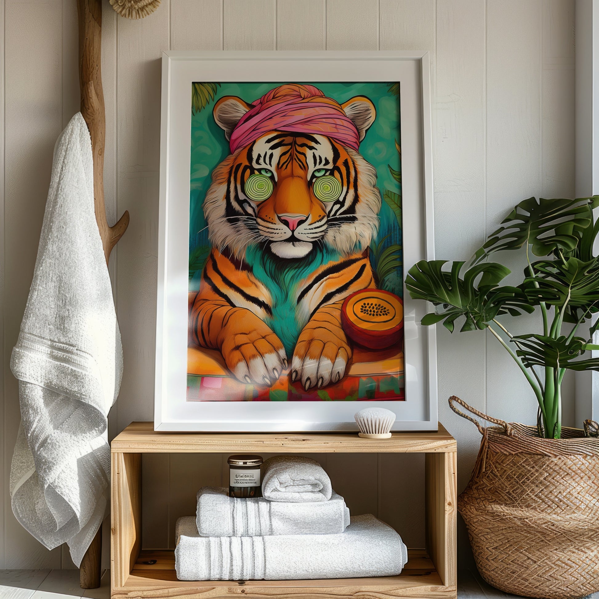 Digital print of a relaxed tiger wearing a pink turban, resting near a papaya. Surreal, colorful animal illustration blending wellness and humor. Ideal for yoga corners, bathrooms, meditation spaces, or dopamine decor lovers. This mindful artwork symbolizes inner peace, self-care, natural beauty, and stress relief. Great for printing in zen garden-inspired homes. High-resolution JPEG file. Instant download. Original art by Dezinbazar for calm, vibrant living.