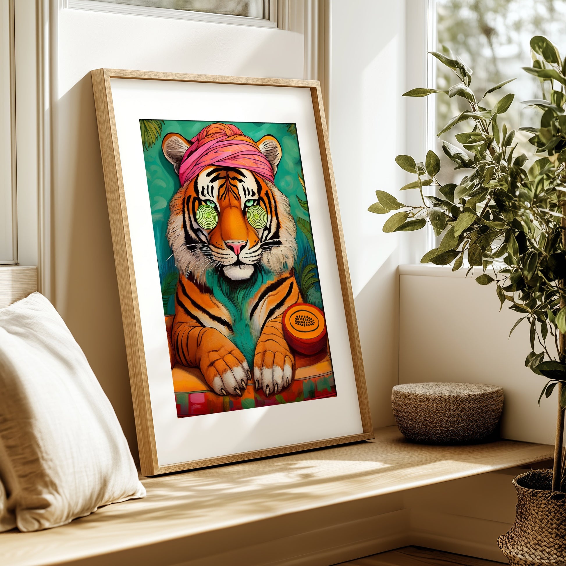 Weisser Wellness Tiger Digitalprint – Tiger im Bademantel, Hochauflösender Kunst-Download, Entspannende Wandkunst für Zuhause