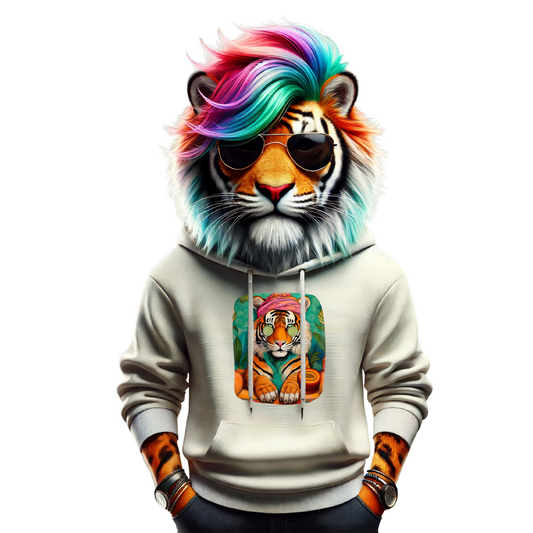 Wellness tiger hoodie with bold tiger design symbolizing strength and calmness. Unisex streetwear sweatshirt made from soft cotton-poly blend for comfort and durability. Perfect for casual outfits, sporty looks, or cozy days at home. Available in sizes S–3XL with double-lined hood, kangaroo pocket, and ribbed cuffs. A stylish and versatile hoodie for tiger lovers, fashion fans, and anyone seeking wellness vibes. Be proud. Be kind. Be wild – by Dezinbazar.