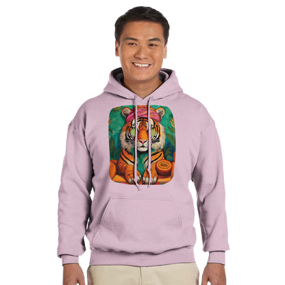 Wellness tiger hoodie with bold tiger design symbolizing strength and calmness. Unisex streetwear sweatshirt made from soft cotton-poly blend for comfort and durability. Perfect for casual outfits, sporty looks, or cozy days at home. Available in sizes S–3XL with double-lined hood, kangaroo pocket, and ribbed cuffs. A stylish and versatile hoodie for tiger lovers, fashion fans, and anyone seeking wellness vibes. Be proud. Be kind. Be wild – by Dezinbazar.