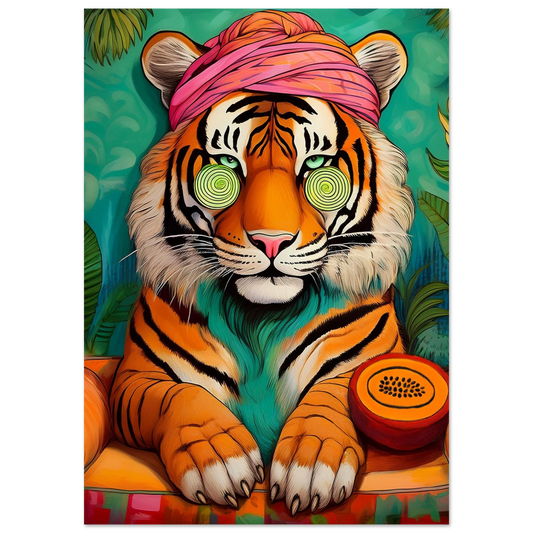 Wellness tiger poster with cucumber eyes, relaxing jungle animal wall art perfect for bathrooms, spa rooms, or zen spaces. Printed on premium 200 gsm semi-glossy FSC-certified paper, available in sizes from A4 to A0 or 30×40 cm, 50×70 cm. A playful and calming addition to wellness interiors or as a self-care gift. Be proud. Be kind. Be wild – by Dezinbazar.