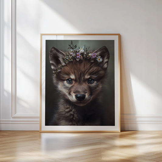 Beautiful woodland wall art featuring a gentle baby wolf with a floral crown – printable nursery decor for kids room, baby room or bathroom. A nature-inspired forest animal illustration. Delivered as high-res JPGs in 4 sizes. A Dezinbazar original.