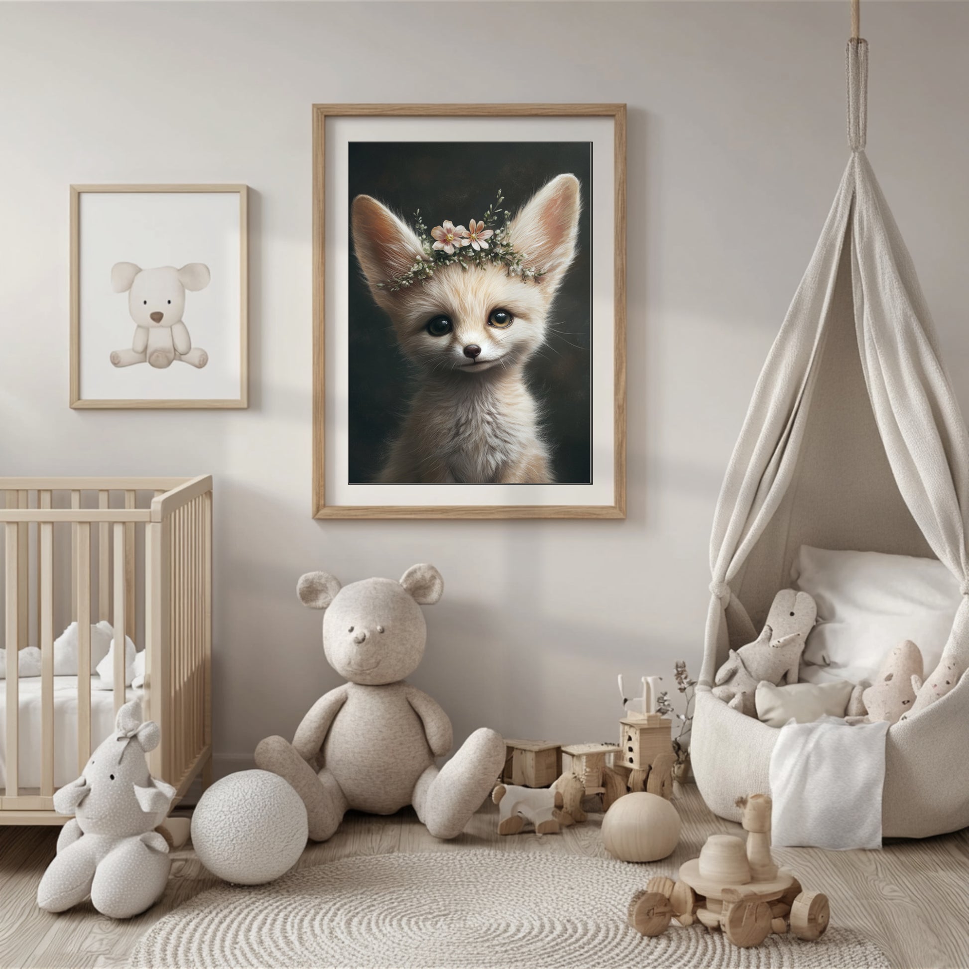 Adorable baby fennec fox with flower crown – printable digital wall art for safari-themed nursery, bathroom or kids room. This gentle animal design brings nature and charm to any space. Ideal as a baby shower gift. Delivered as high-res JPGs in multiple sizes, easy to print at home or professionally. A Dezinbazar original.
