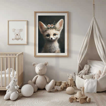 Adorable baby fennec fox with flower crown – printable digital wall art for safari-themed nursery, bathroom or kids room. This gentle animal design brings nature and charm to any space. Ideal as a baby shower gift. Delivered as high-res JPGs in multiple sizes, easy to print at home or professionally. A Dezinbazar original.
