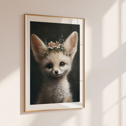 Adorable baby fennec fox with flower crown – printable digital wall art for safari-themed nursery, bathroom or kids room. This gentle animal design brings nature and charm to any space. Ideal as a baby shower gift. Delivered as high-res JPGs in multiple sizes, easy to print at home or professionally. A Dezinbazar original.

