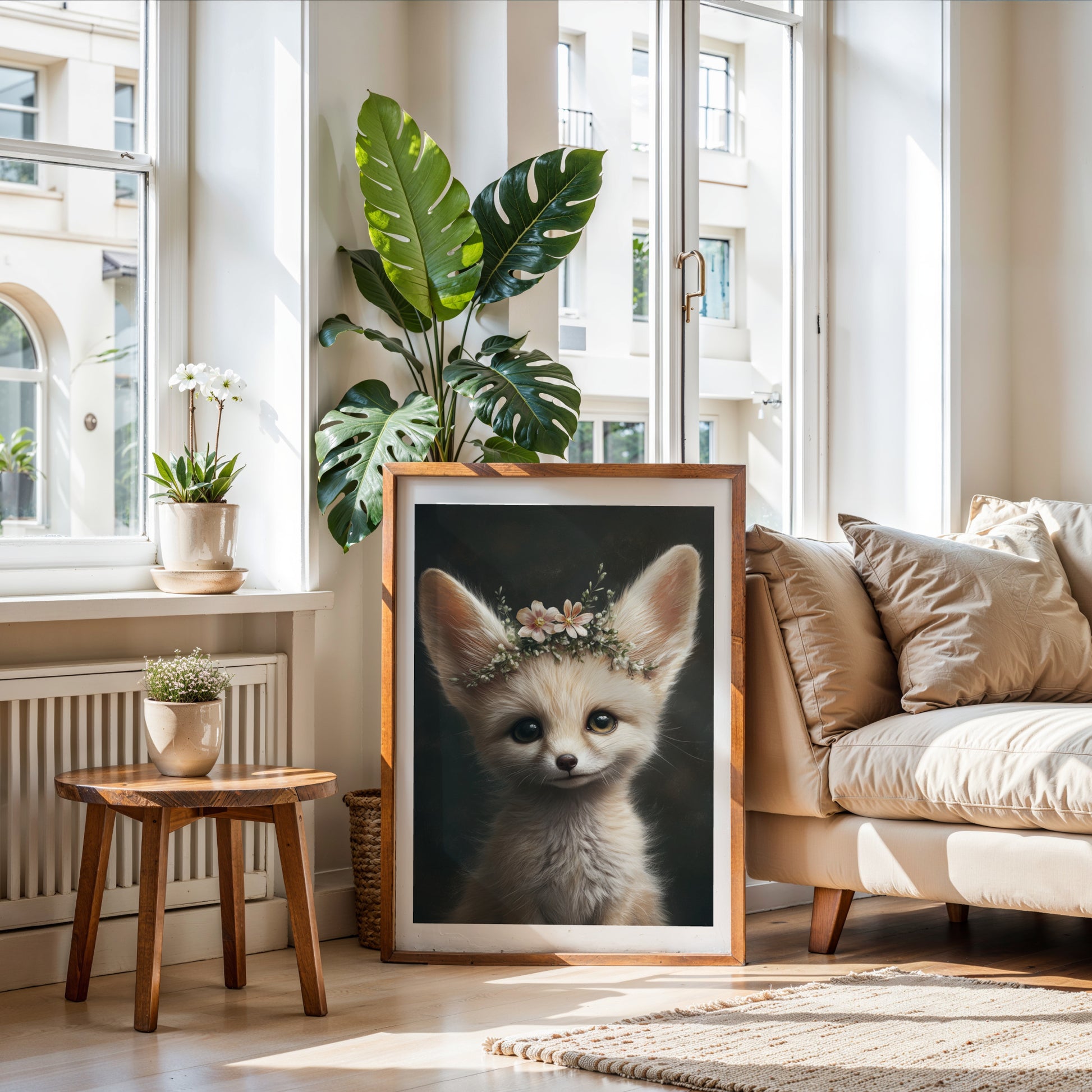 Adorable baby fennec fox with flower crown – printable digital wall art for safari-themed nursery, bathroom or kids room. This gentle animal design brings nature and charm to any space. Ideal as a baby shower gift. Delivered as high-res JPGs in multiple sizes, easy to print at home or professionally. A Dezinbazar original.
