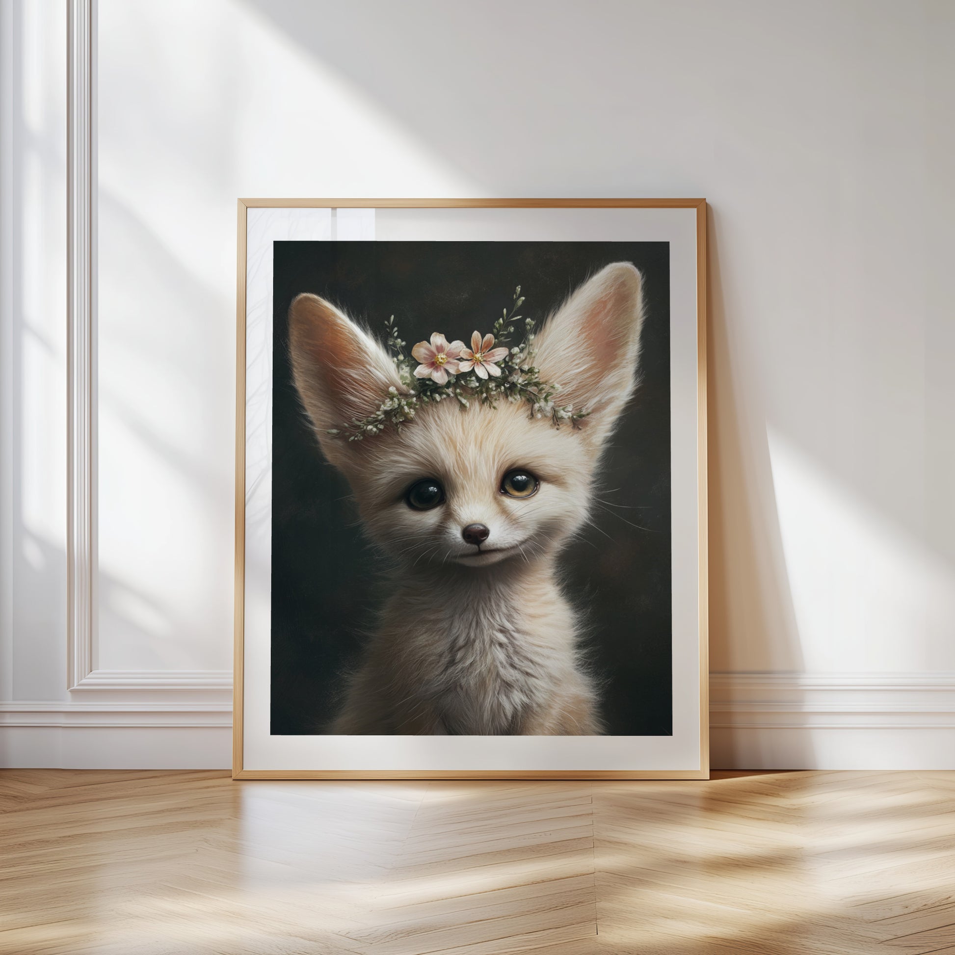 Adorable baby fennec fox with flower crown – printable digital wall art for safari-themed nursery, bathroom or kids room. This gentle animal design brings nature and charm to any space. Ideal as a baby shower gift. Delivered as high-res JPGs in multiple sizes, easy to print at home or professionally. A Dezinbazar original.
