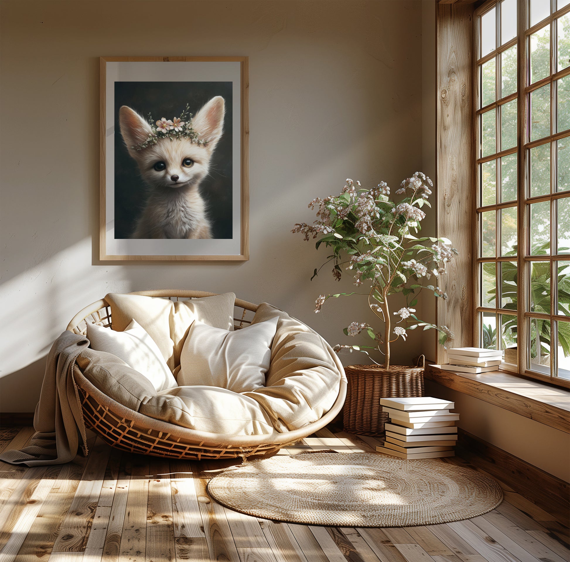 Adorable baby fennec fox with flower crown – printable digital wall art for safari-themed nursery, bathroom or kids room. This gentle animal design brings nature and charm to any space. Ideal as a baby shower gift. Delivered as high-res JPGs in multiple sizes, easy to print at home or professionally. A Dezinbazar original.
