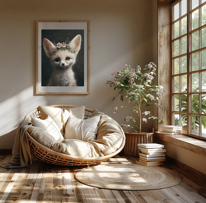 Adorable baby fennec fox with flower crown – printable digital wall art for safari-themed nursery, bathroom or kids room. This gentle animal design brings nature and charm to any space. Ideal as a baby shower gift. Delivered as high-res JPGs in multiple sizes, easy to print at home or professionally. A Dezinbazar original.
