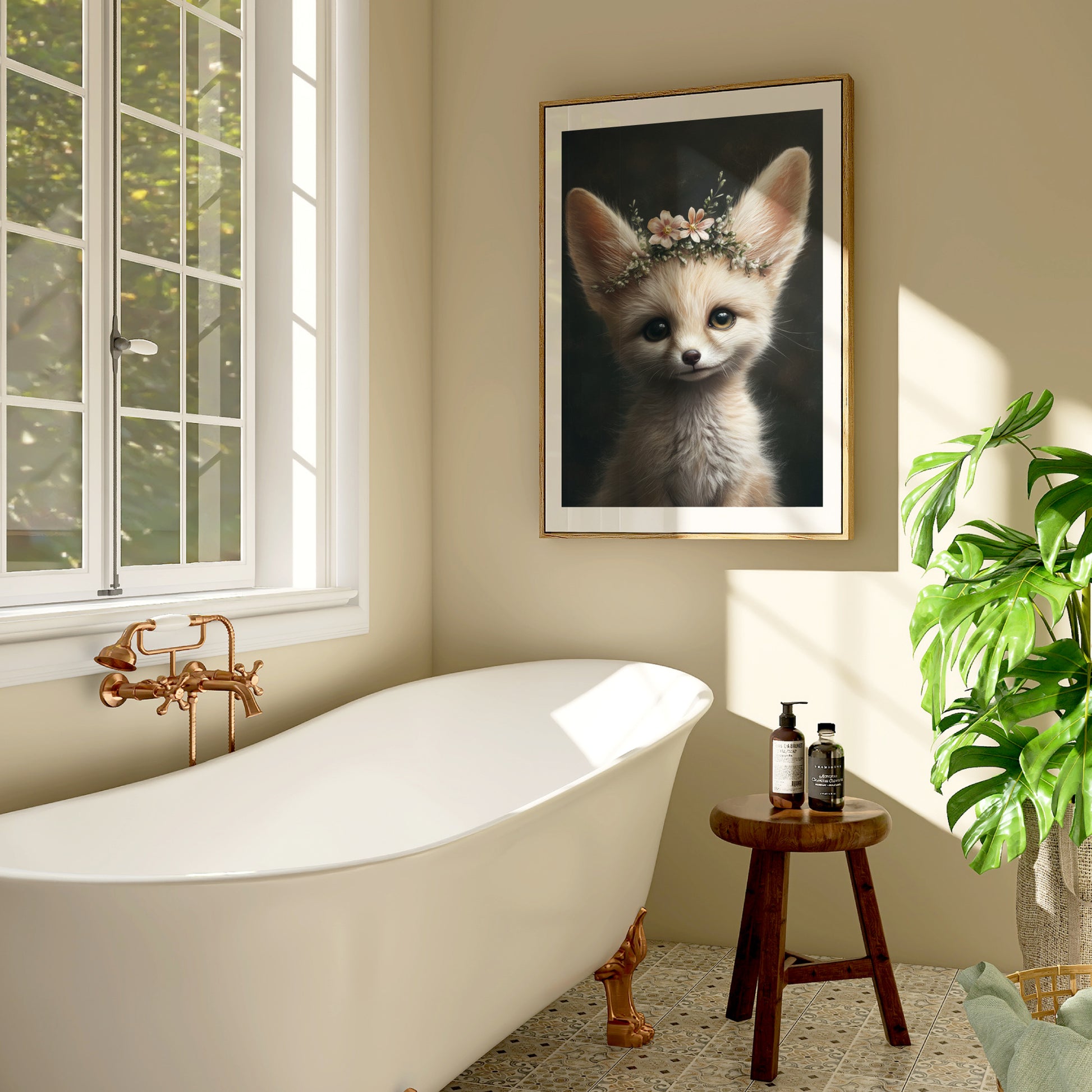 Adorable baby fennec fox with flower crown – printable digital wall art for safari-themed nursery, bathroom or kids room. This gentle animal design brings nature and charm to any space. Ideal as a baby shower gift. Delivered as high-res JPGs in multiple sizes, easy to print at home or professionally. A Dezinbazar original.
