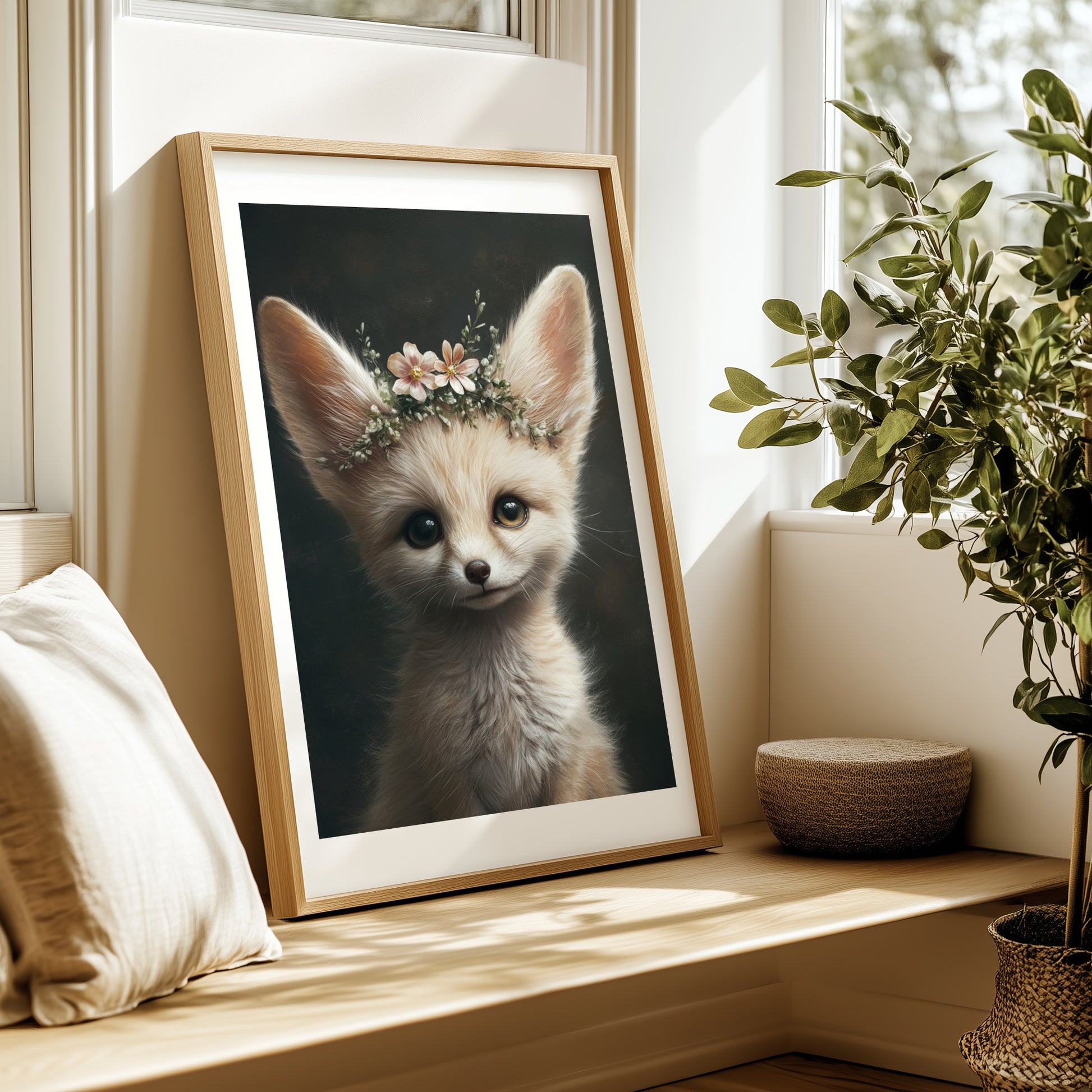 Adorable baby fennec fox with flower crown – printable digital wall art for safari-themed nursery, bathroom or kids room. This gentle animal design brings nature and charm to any space. Ideal as a baby shower gift. Delivered as high-res JPGs in multiple sizes, easy to print at home or professionally. A Dezinbazar original.
