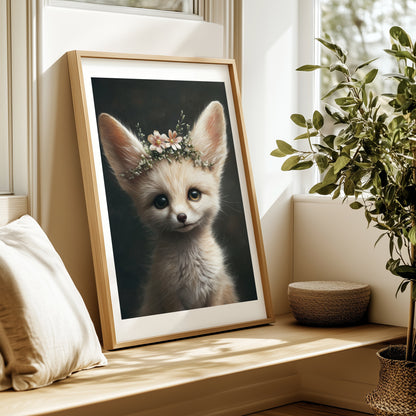 Adorable baby fennec fox with flower crown – printable digital wall art for safari-themed nursery, bathroom or kids room. This gentle animal design brings nature and charm to any space. Ideal as a baby shower gift. Delivered as high-res JPGs in multiple sizes, easy to print at home or professionally. A Dezinbazar original.
