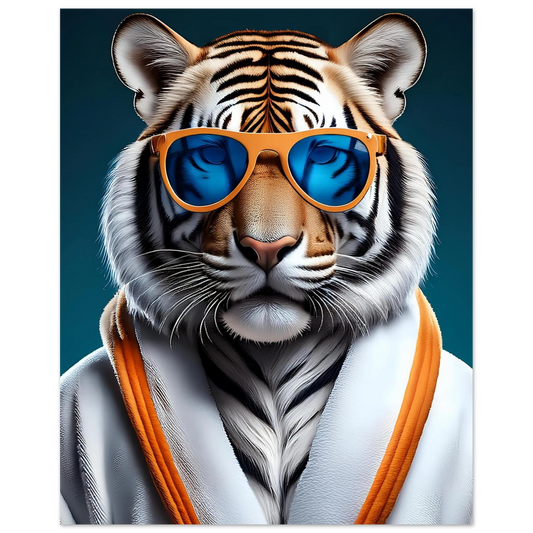 Poster of a cool white tiger in a bathrobe – perfect for decorating bathrooms, yoga corners or meditation rooms. Printed on premium FSC-certified semi-glossy paper in DIN A4–A0 or 50×70 cm. This wellness-inspired animal print adds humor and calm energy to your space. Fits IKEA frames. A mindful gift for wellness lovers. Be proud. Be kind. Be wild – by Dezinbazar.
