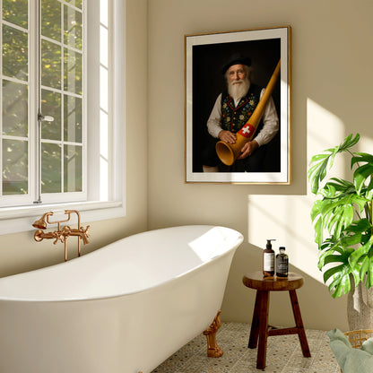 Traditional Swiss yodeler in embroidered Appenzeller outfit with polished alphorn featuring a Swiss flag emblem. This poster celebrates Swiss culture, perfect for rustic interiors, mountain homes, or folk art lovers. Printed on semi-glossy FSC-certified paper in sizes A4–A0 and 30×40 cm to 50×70 cm. High-quality wall decor made to order. Be proud. Be kind. Be wild – by Dezinbazar.