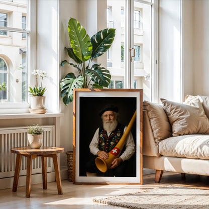 Elderly Swiss man in traditional Appenzeller yodeling attire with black embroidered vest, holding a wooden alphorn marked with a Swiss flag emblem. Set against a dark soft-focus background, perfect for celebrating Swiss heritage. High-resolution printable wall art for lovers of folk culture and alpine charm. Ideal for living rooms, music rooms, or rustic interiors. Be proud. Be kind. Be wild – by Dezinbazar.