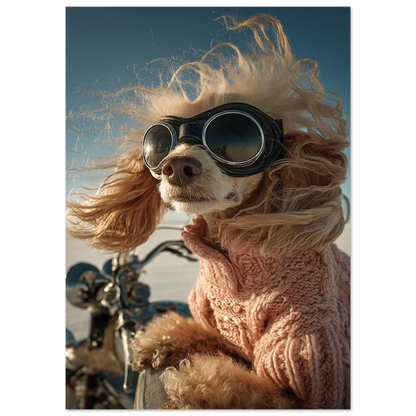 Funny apricot poodle with retro aviator goggles and pink sweater riding a motorcycle. Printed as premium wall art on FSC-certified semi-glossy paper (200 gsm), perfect for bathroom, guest toilet, or dog lovers' spaces. Available in DIN and standard poster sizes. Quirky and eye-catching decoration. Be proud. Be kind. Be wild – by Dezinbazar.