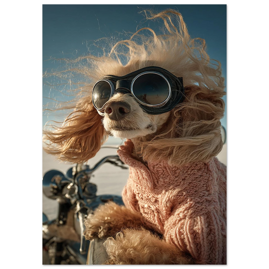 Funny apricot poodle with retro aviator goggles and pink sweater riding a motorcycle. Printed as premium wall art on FSC-certified semi-glossy paper (200 gsm), perfect for bathroom, guest toilet, or dog lovers' spaces. Available in DIN and standard poster sizes. Quirky and eye-catching decoration. Be proud. Be kind. Be wild – by Dezinbazar.