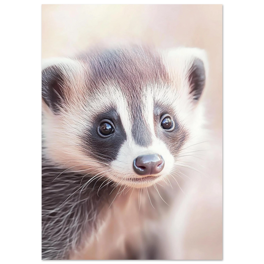 Adorable baby badger poster in soft pastel tones, perfect for woodland nurseries or kids' nature rooms. Printed on premium 200 gsm semi-glossy FSC-certified paper in various DIN and standard sizes from A4 to A0 and 30×40 to 50×70 cm. Ideal fit for IKEA frames like RIBBA or HOVSTA. Brings a peaceful forest vibe to any space. Be proud. Be kind. Be wild – by Dezinbazar.