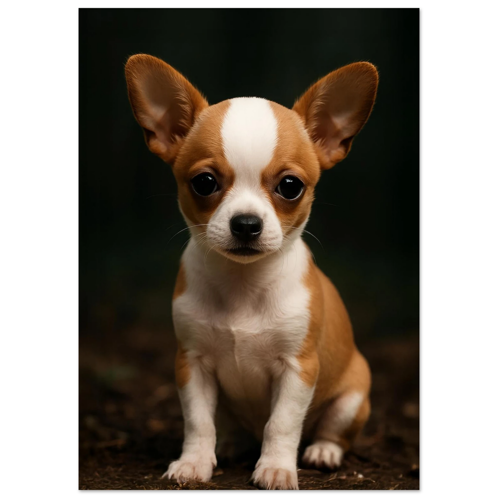 Adorable baby chihuahua poster printed on premium semi-glossy paper, featuring a big-eyed brown puppy with a sweet, gentle expression. Available in sizes from A4 to A0 and 30×40 to 50×70 cm – fits standard IKEA frames. Perfect for dog-themed nurseries, kids' rooms, or as a thoughtful gift for pet lovers. High-quality, FSC-certified print with vibrant colors and soft texture. Be proud. Be kind. Be wild – by Dezinbazar.