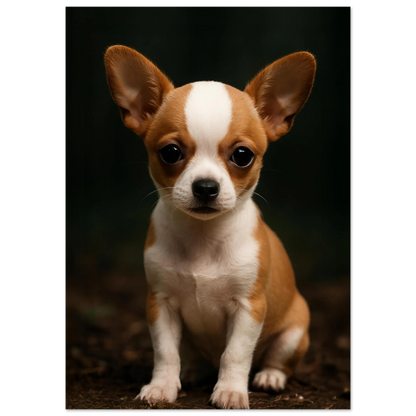 Adorable baby chihuahua poster printed on premium semi-glossy paper, featuring a big-eyed brown puppy with a sweet, gentle expression. Available in sizes from A4 to A0 and 30×40 to 50×70 cm – fits standard IKEA frames. Perfect for dog-themed nurseries, kids' rooms, or as a thoughtful gift for pet lovers. High-quality, FSC-certified print with vibrant colors and soft texture. Be proud. Be kind. Be wild – by Dezinbazar.