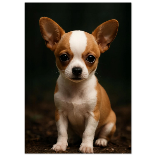 Adorable baby chihuahua poster printed on premium semi-glossy paper, featuring a big-eyed brown puppy with a sweet, gentle expression. Available in sizes from A4 to A0 and 30×40 to 50×70 cm – fits standard IKEA frames. Perfect for dog-themed nurseries, kids' rooms, or as a thoughtful gift for pet lovers. High-quality, FSC-certified print with vibrant colors and soft texture. Be proud. Be kind. Be wild – by Dezinbazar.