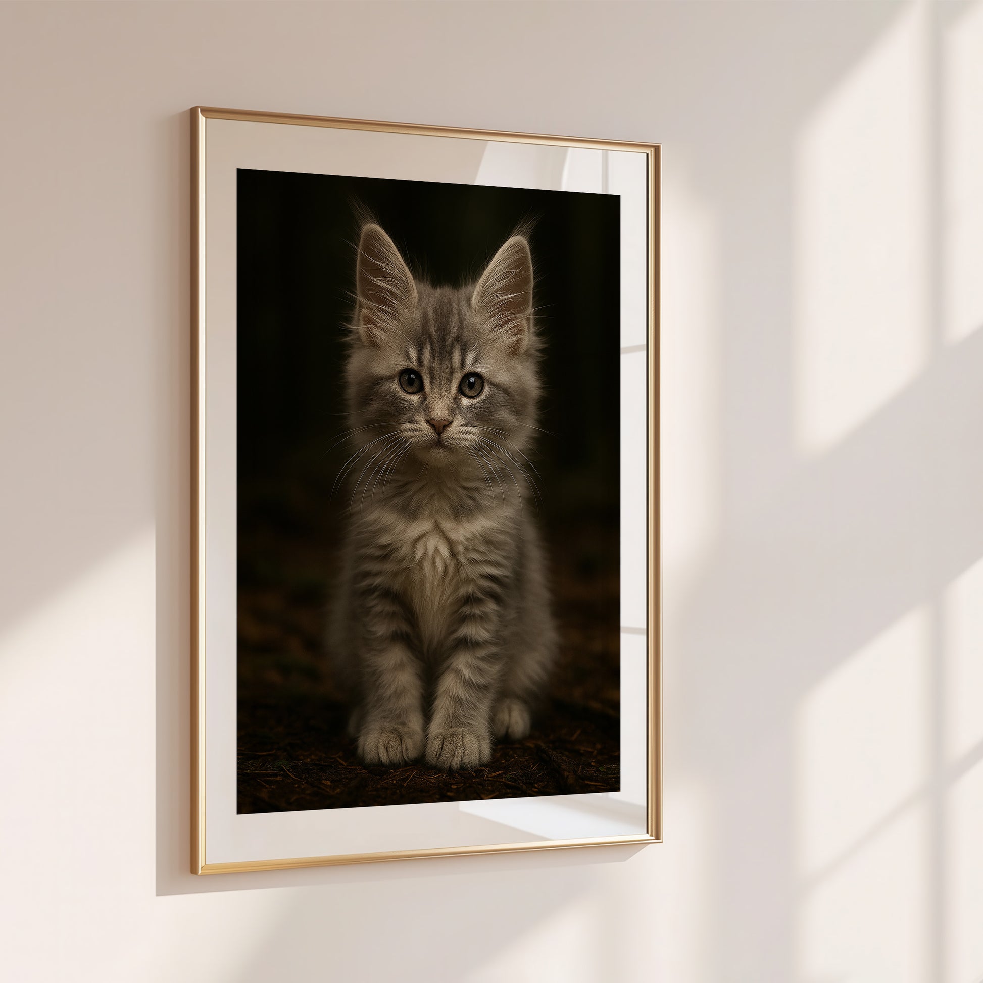 Printable art of a silver-gray Maine Coon kitten with fluffy fur and tabby markings. Perfect for cat nurseries, pet-themed rooms, or cozy interiors. High-resolution digital file in multiple sizes. Ideal for cat lovers. Be proud. Be kind. Be wild – by Dezinbazar.