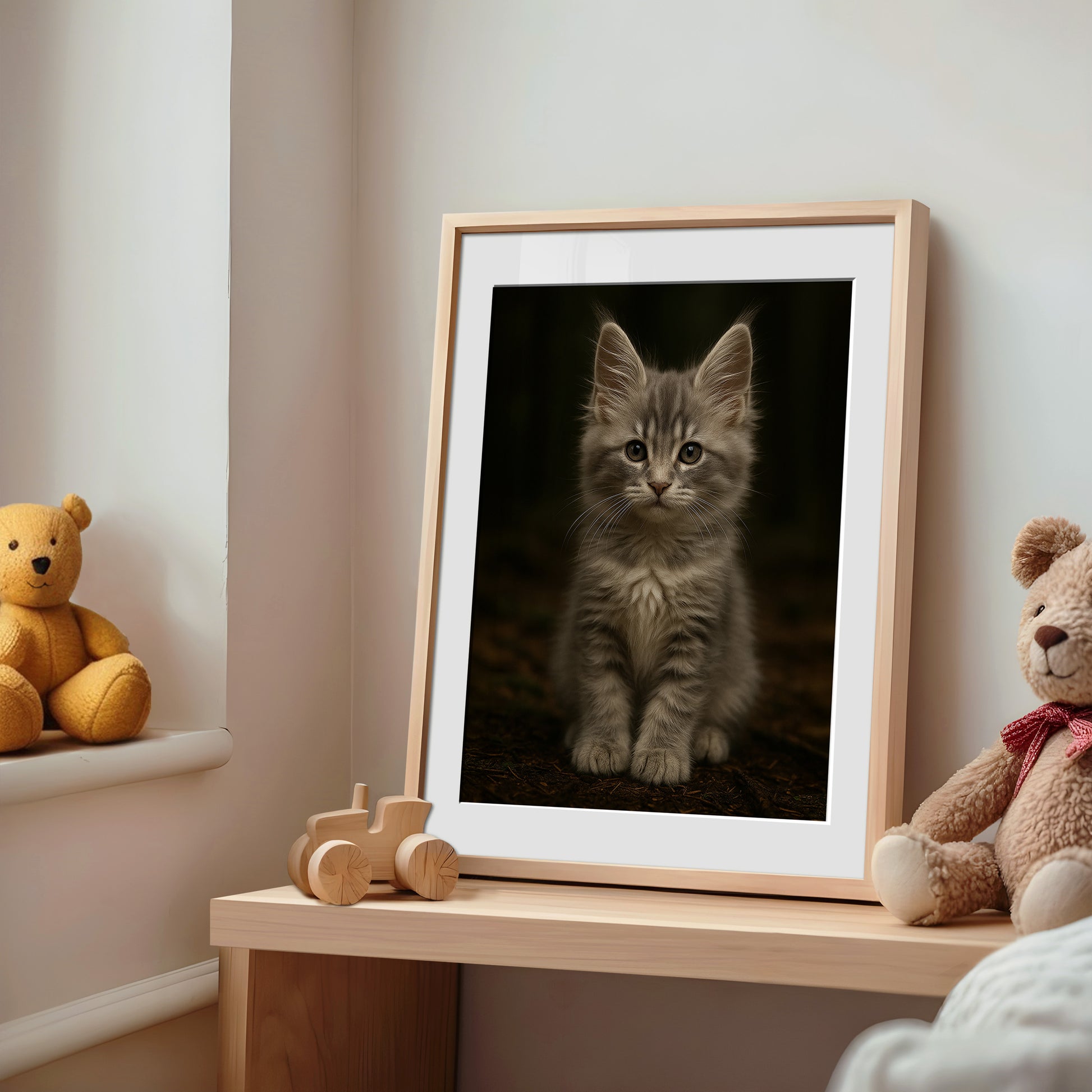 Printable art of a silver-gray Maine Coon kitten with fluffy fur and tabby markings. Perfect for cat nurseries, pet-themed rooms, or cozy interiors. High-resolution digital file in multiple sizes. Ideal for cat lovers. Be proud. Be kind. Be wild – by Dezinbazar.
