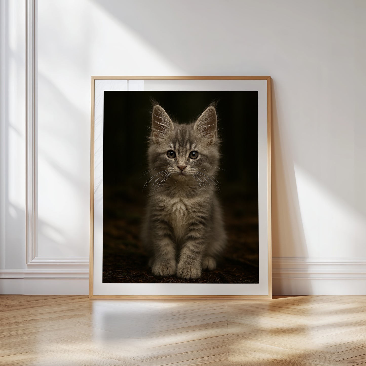 Printable art of a silver-gray Maine Coon kitten with fluffy fur and tabby markings. Perfect for cat nurseries, pet-themed rooms, or cozy interiors. High-resolution digital file in multiple sizes. Ideal for cat lovers. Be proud. Be kind. Be wild – by Dezinbazar.