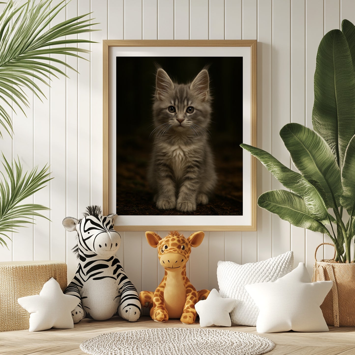 Printable art of a silver-gray Maine Coon kitten with fluffy fur and tabby markings. Perfect for cat nurseries, pet-themed rooms, or cozy interiors. High-resolution digital file in multiple sizes. Ideal for cat lovers. Be proud. Be kind. Be wild – by Dezinbazar.