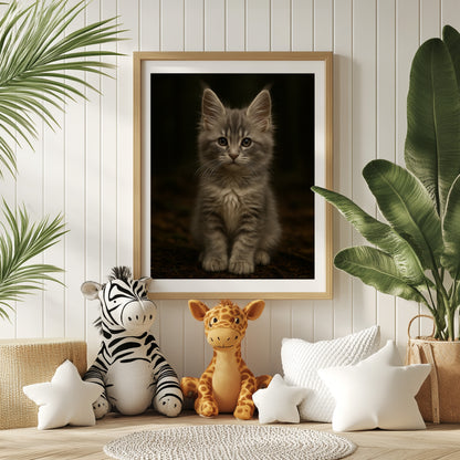Printable art of a silver-gray Maine Coon kitten with fluffy fur and tabby markings. Perfect for cat nurseries, pet-themed rooms, or cozy interiors. High-resolution digital file in multiple sizes. Ideal for cat lovers. Be proud. Be kind. Be wild – by Dezinbazar.
