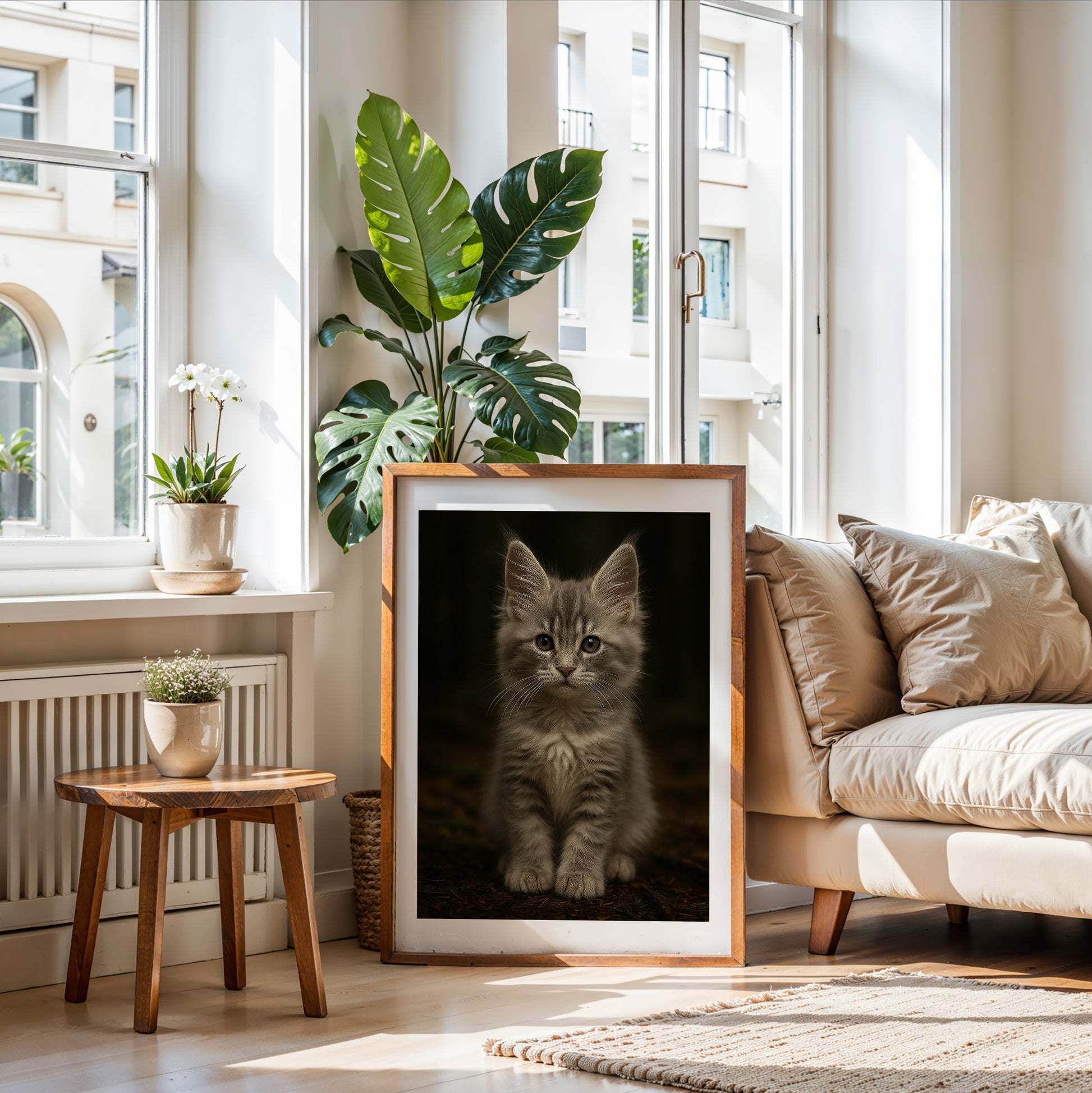 Printable art of a silver-gray Maine Coon kitten with fluffy fur and tabby markings. Perfect for cat nurseries, pet-themed rooms, or cozy interiors. High-resolution digital file in multiple sizes. Ideal for cat lovers. Be proud. Be kind. Be wild – by Dezinbazar.