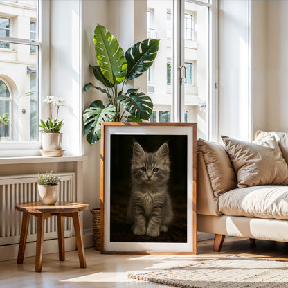 Printable art of a silver-gray Maine Coon kitten with fluffy fur and tabby markings. Perfect for cat nurseries, pet-themed rooms, or cozy interiors. High-resolution digital file in multiple sizes. Ideal for cat lovers. Be proud. Be kind. Be wild – by Dezinbazar.