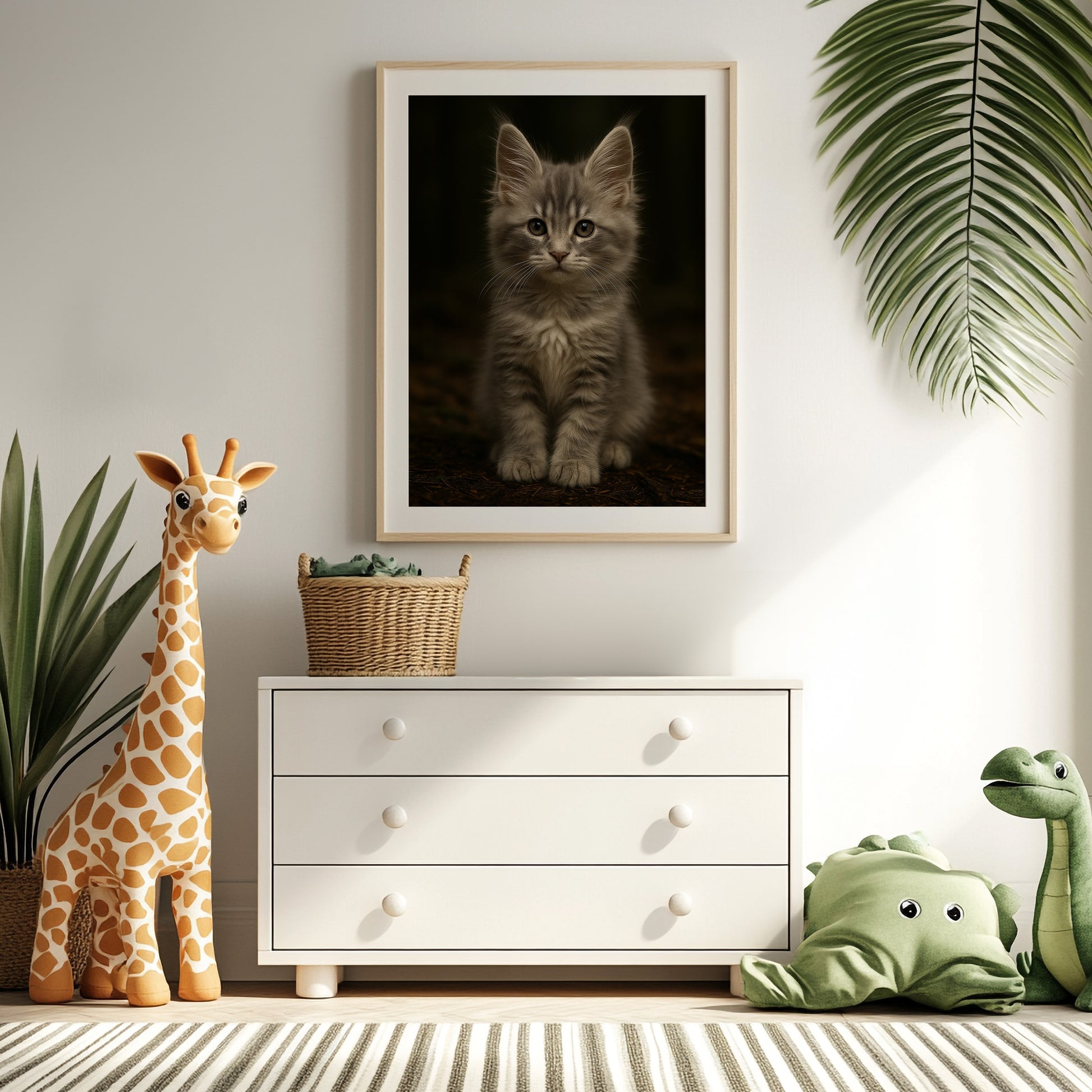 Printable art of a silver-gray Maine Coon kitten with fluffy fur and tabby markings. Perfect for cat nurseries, pet-themed rooms, or cozy interiors. High-resolution digital file in multiple sizes. Ideal for cat lovers. Be proud. Be kind. Be wild – by Dezinbazar.