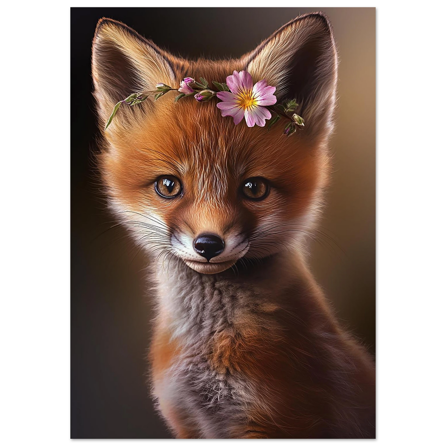 Baby red fox poster with flower crown for woodland nursery or kids room