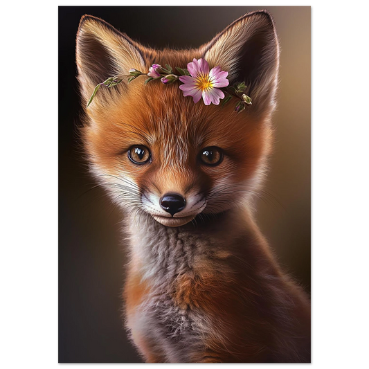 Baby red fox poster with flower crown for woodland nursery or kids room