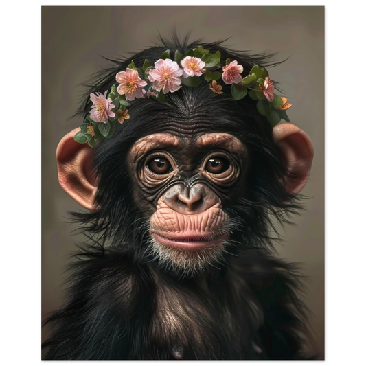 Adorable baby chimp poster printed on semi-glossy FSC-certified paper. This cute jungle wall art is perfect for nursery or kids room decor. A sweet and playful gift idea for baby showers, animal lovers or monkey fans. Available in various poster sizes and fits standard frames. Bring warmth and wild charm to your space. Be proud. Be kind. Be wild – by Dezinbazar.