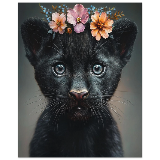 Cute baby black panther poster with flower crown – printed on 200 gsm semi-glossy FSC-certified paper in sizes A4–A0 and 30×40 cm to 50×70 cm. Ideal for jungle-themed nurseries, safari baby rooms or kids rooms. Fits common frames (e.g. IKEA RIBBA, HOVSTA). A calming and unique gift for new parents and animal lovers. Be proud. Be kind. Be wild – by Dezinbazar.