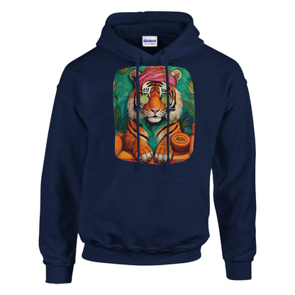 Wellness tiger hoodie with bold tiger design symbolizing strength and calmness. Unisex streetwear sweatshirt made from soft cotton-poly blend for comfort and durability. Perfect for casual outfits, sporty looks, or cozy days at home. Available in sizes S–3XL with double-lined hood, kangaroo pocket, and ribbed cuffs. A stylish and versatile hoodie for tiger lovers, fashion fans, and anyone seeking wellness vibes. Be proud. Be kind. Be wild – by Dezinbazar.