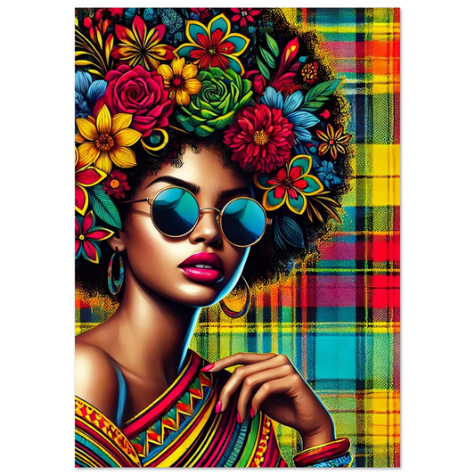 Colorful wall art of a beautiful Black woman with floral hair and Madras pattern – printed on FSC-certified paper in multiple poster sizes. Afro-Caribbean style decor.