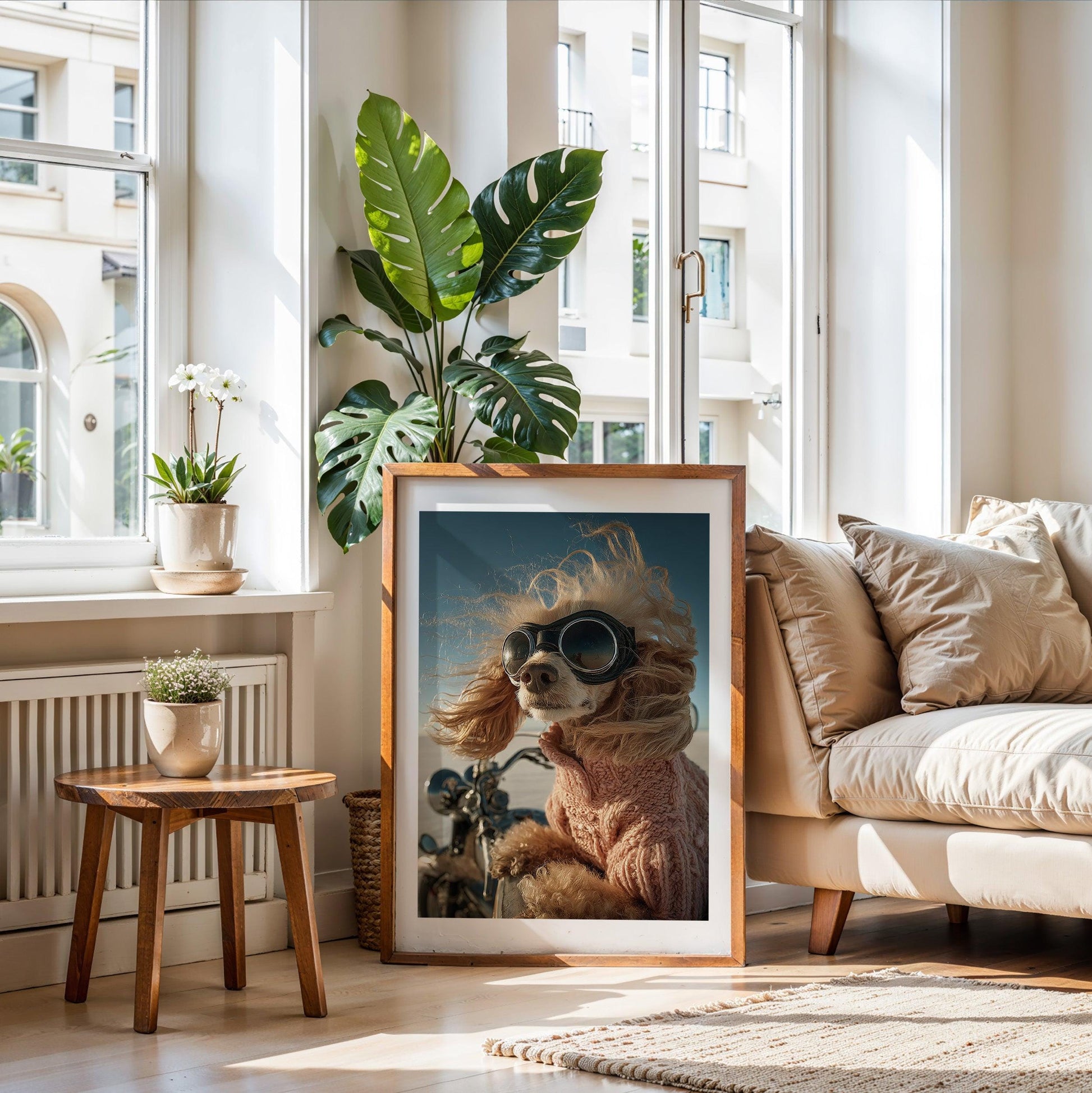 Humorous and bold printable wall art of an apricot poodle wearing aviator goggles and a pink sweater, riding a motorcycle across a bright salt flat. Wind in its curls, the dog looks proud and adventurous. Perfect for dog lovers who appreciate quirky,