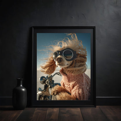Funny apricot poodle with retro aviator goggles and pink sweater riding a motorcycle. Printed as premium wall art on FSC-certified semi-glossy paper (200 gsm), perfect for bathroom, guest toilet, or dog lovers' spaces. Available in DIN and standard poster sizes. Quirky and eye-catching decoration. Be proud. Be kind. Be wild – by Dezinbazar.