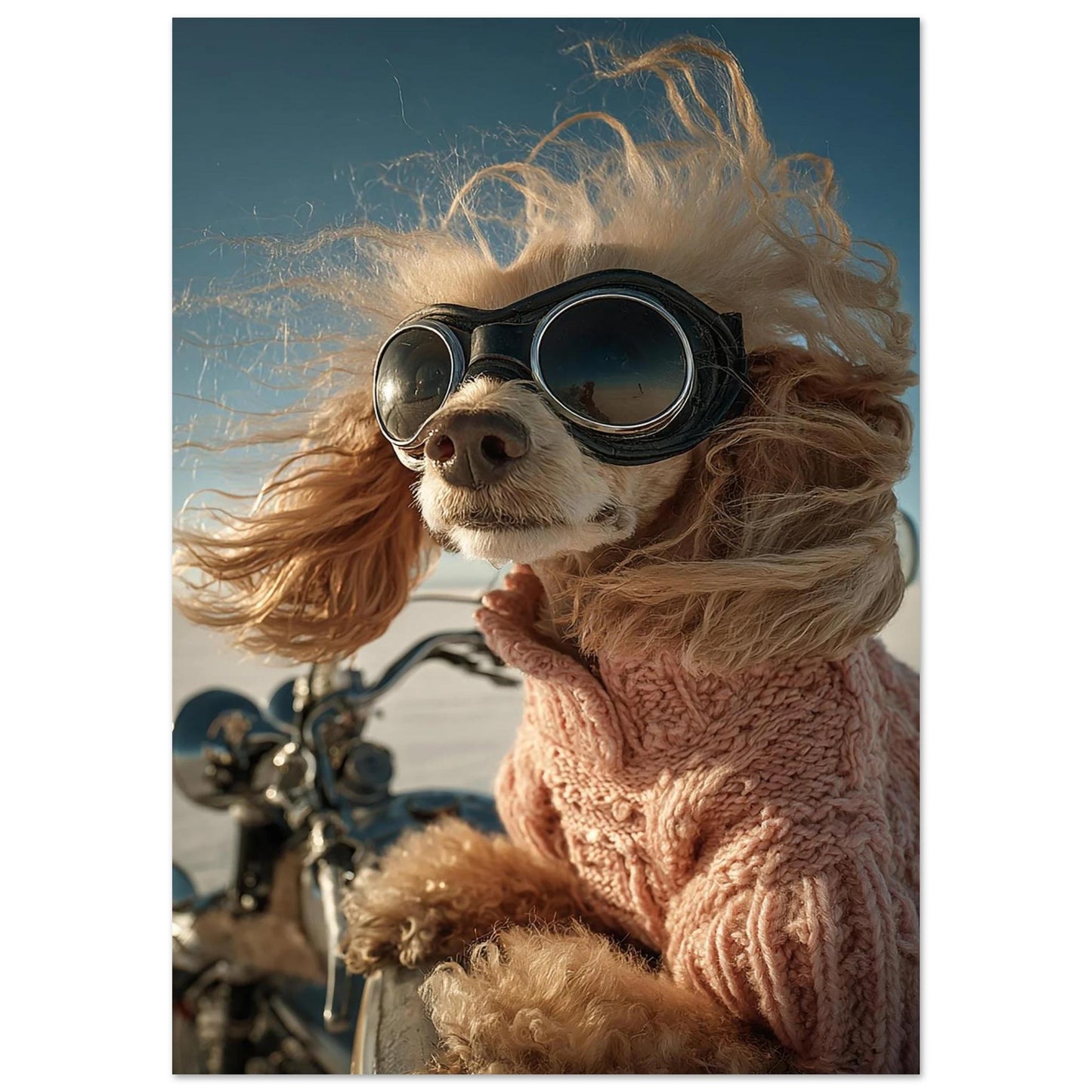 Humorous and bold printable wall art of an apricot poodle wearing aviator goggles and a pink sweater, riding a motorcycle across a bright salt flat. Wind in its curls, the dog looks proud and adventurous. Perfect for dog lovers who appreciate quirky,