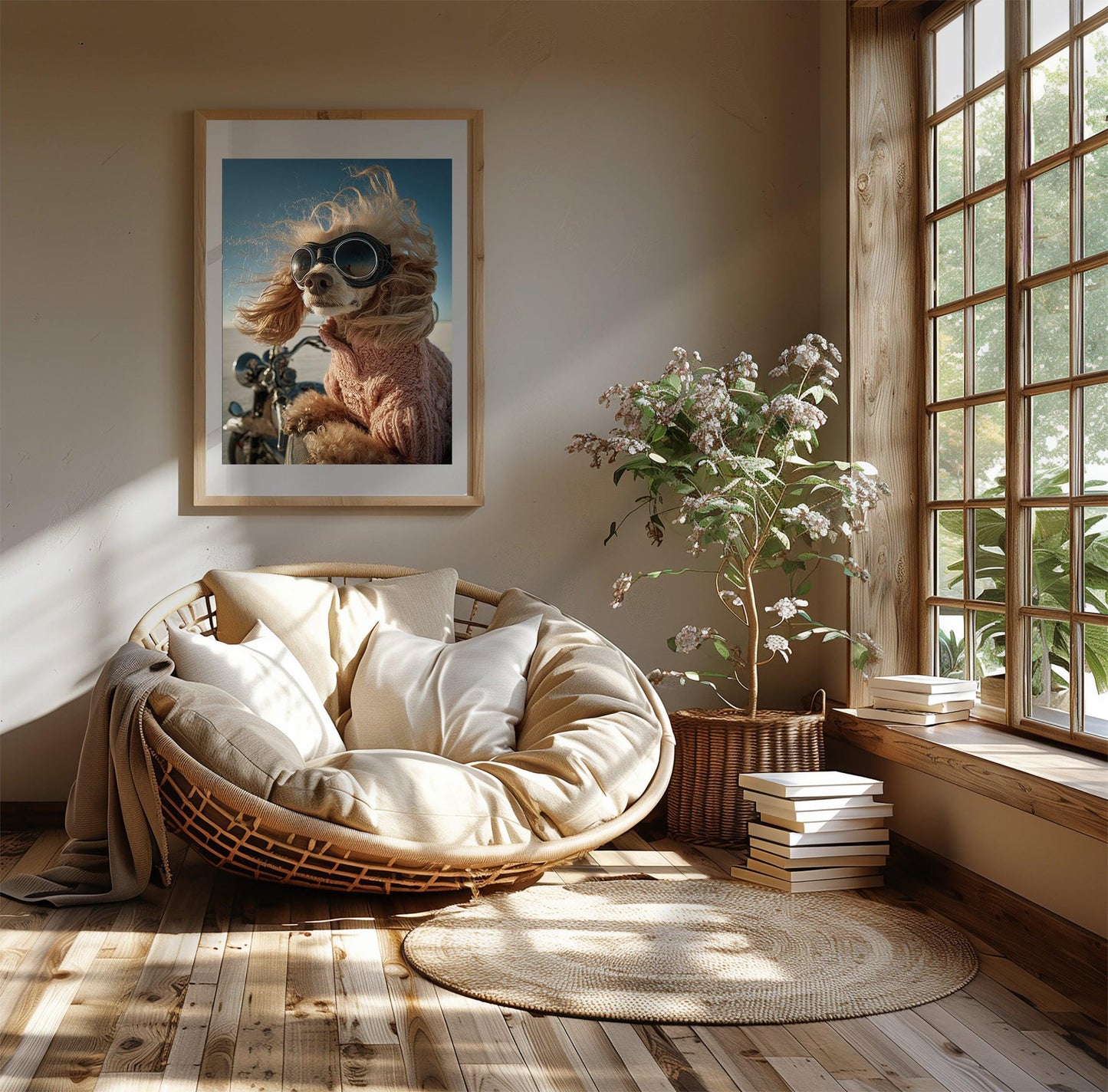 Funny apricot poodle with retro aviator goggles and pink sweater riding a motorcycle. Printed as premium wall art on FSC-certified semi-glossy paper (200 gsm), perfect for bathroom, guest toilet, or dog lovers' spaces. Available in DIN and standard poster sizes. Quirky and eye-catching decoration. Be proud. Be kind. Be wild – by Dezinbazar.