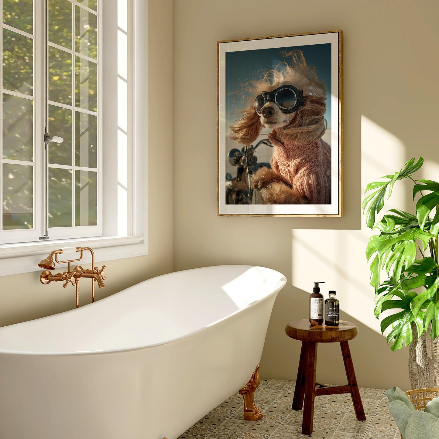 Funny apricot poodle with retro aviator goggles and pink sweater riding a motorcycle. Printed as premium wall art on FSC-certified semi-glossy paper (200 gsm), perfect for bathroom, guest toilet, or dog lovers' spaces. Available in DIN and standard poster sizes. Quirky and eye-catching decoration. Be proud. Be kind. Be wild – by Dezinbazar.