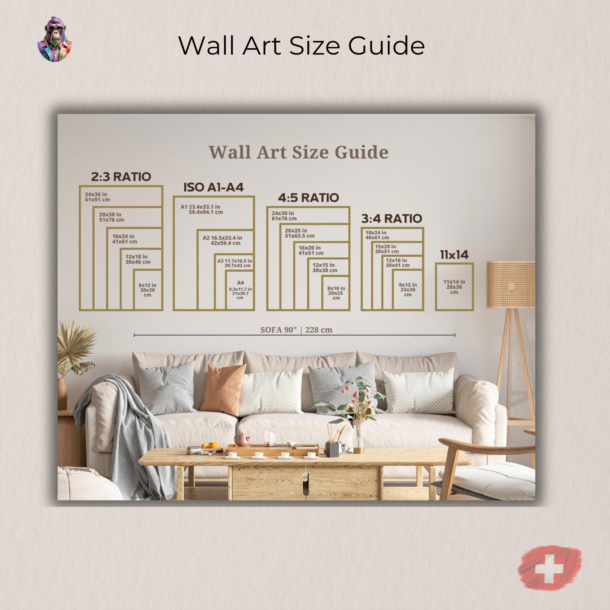 Wall art size guide showing different poster formats above a sofa. Includes all sizes offered by Dezinbazar: DIN formats A4, A3, A2, A1, A0 and standard sizes 30×40 cm, 40×50 cm, 50×70 cm. Helps customers visualize poster dimensions in a real room se