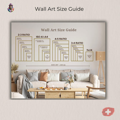 Wall art size guide showing different poster formats above a sofa. Includes all sizes offered by Dezinbazar: DIN formats A4, A3, A2, A1, A0 and standard sizes 30×40 cm, 40×50 cm, 50×70 cm. Helps customers visualize poster dimensions in a real room se