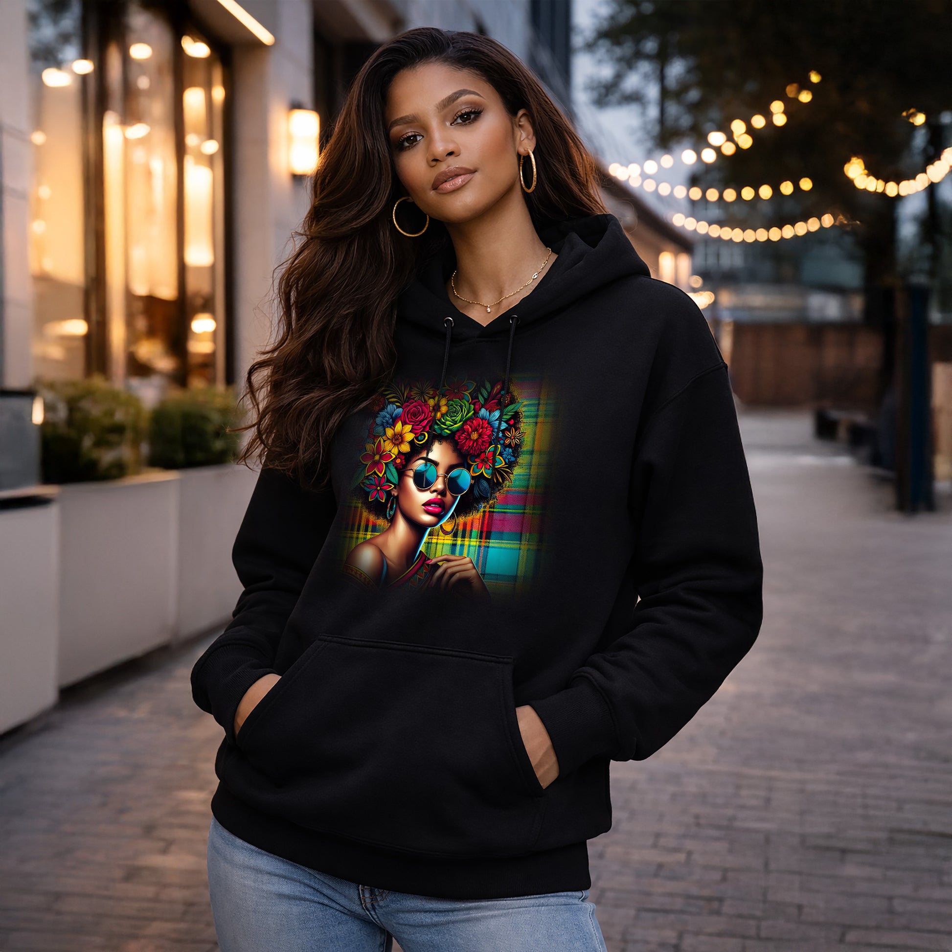 Afro Hoodie Madras Pattern Colorful Sunglasses Streetwear Unisex Hoodie Caribbean Style Sweatshirt by Dezinbazar - dezinbazar.com - Let me inspire you