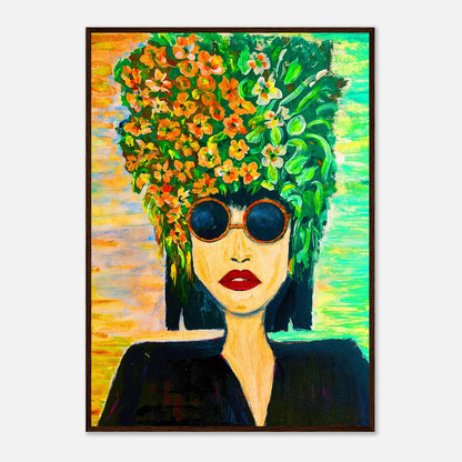 Pop Art Poster mit Holzrahmen – Frau mit Blumenkrone-brauner Rahmen