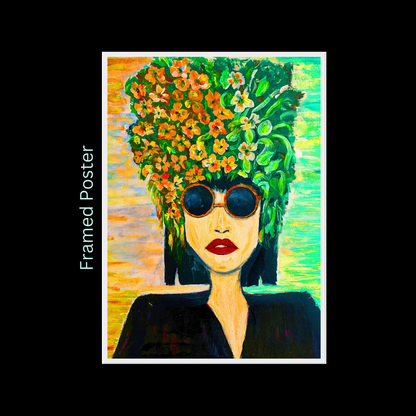 Pop Art Poster mit Holzrahmen – Frau mit Blumenkrone-weisser Rahmen